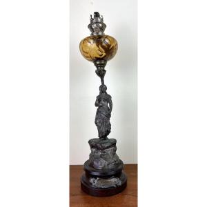 Large Oil Lamp Mounted On A Regulate Statue Entitled “chanson By Rousseau” 