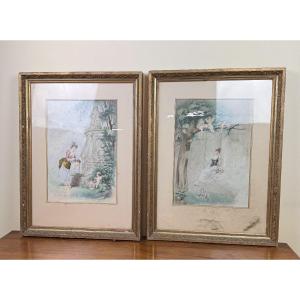 Two Very Beautiful Watercolors After Eugène Grivaz (1852-1915) Signed 