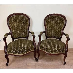 Pair Of Louis XV Style Armchairs In Mahogany 19th Century