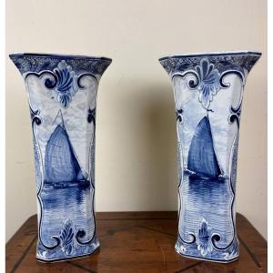 Pair Of Hand-painted Delft Earthenware Vases 