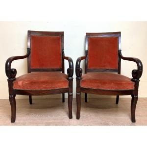 Pair Of Armchairs With Crosses Restoration Period In Mahogany