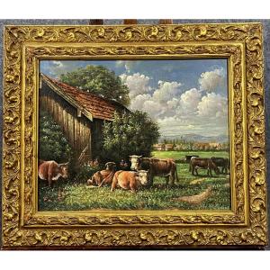 French School 20th Century - Oil On Canvas Figuring A Herd Of Cows Signed Cédan