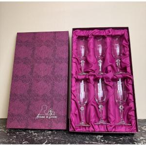 Cristal De Lorraine : 6 Flutes A Champagne Avec Coffret d'Origine