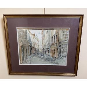 Allain Renoux Lyonnais Artist: Watercolor Representing A Street In Old Lyon