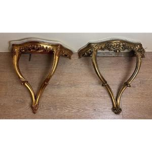 Pair Of Curved Louis XV Style Wall Consoles In Golden Wood