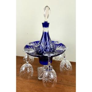 Refresher Cup With Its Lorraine Blue Lined Cut Crystal Wine Carafe 