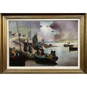 Breton School Early 20th Century: Large Oil On Canvas / Animated Port View  