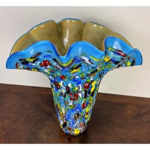 “octopusy” Vase In Millefiori Glass With Blue Background 