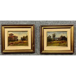 Italian School 20th Century: 2 Oils On Panel Depicting Two Landscapes 