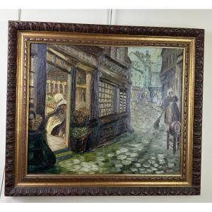 French School Early 20th Century: Oil On Panel Lively Street In Brittany  