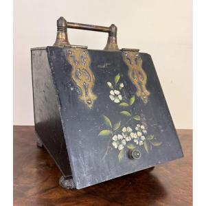 Large Napoleon III Period Coal Box In Black Lacquered Sheet Metal