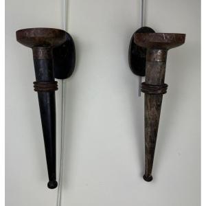 Rare Pair Of Medieval Style Iron Torchieres 