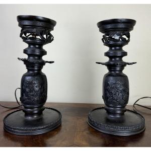 Japan Meiji Period: Pair Of Patinated Bronze Candlesticks 