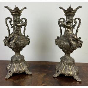 Pair Of Gilt Bronze Vases With Putti 