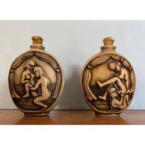 China 20th Century: Set Of 2 Erotic Hard Stone Bottles