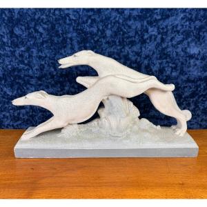 Pair Of Greyhounds Racing In Art Deco Porcelain 