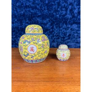 Two Vintage Chinese Porcelain Ginger Jars Decorated With Flowers And Symbols