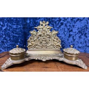 Large Antique Bronze Brass Inkwell Mail Holder With Cherubs 