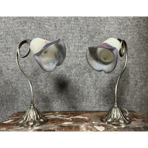 French Glass: Pair Of Art Nouveau Style Lamps In Silvered Bronze