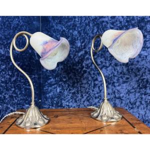 Le Verre Français : Paire De Lampes Style Art Nouveau En Bronze Argenté