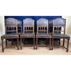 Set Of 8 Renaissance Style Chairs In Walnut And Embossed Leather