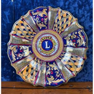 Large And Rare Enameled Ceramic Plate Made For The Lion's Club By Garofoli Gualdo 