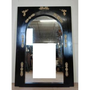 Magnificent And Important Empire Mirror In Black Lacquered Wood And Gilded Bronze From The 19th Century