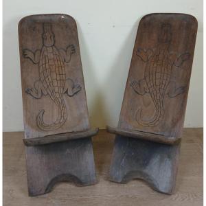 Central Africa Circa 1950: Pair Of Exotic Wood Chairs With Carved Decor