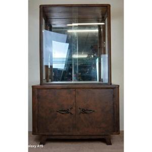 Art Deco Period Bookcase In Lacquered Wood With Faux Look Of Sheet Metal With Rust Patina Circa 1930