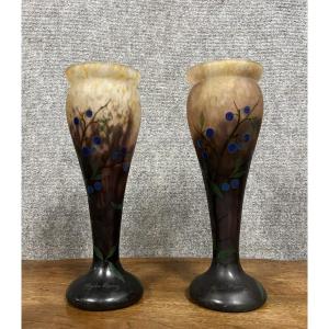 Pair Of Paul Daum Art Nouveau Vases Engraved "mado-nancy" Circa 1930