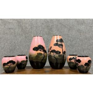 Vallauris Gabs: Series Of 6 Art Deco Ceramic Vases 