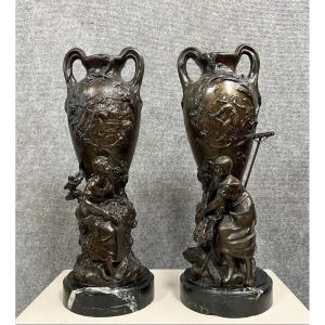 François Moreau: Very Large Pair Of Patinated Spelter Vases, 19th Century   