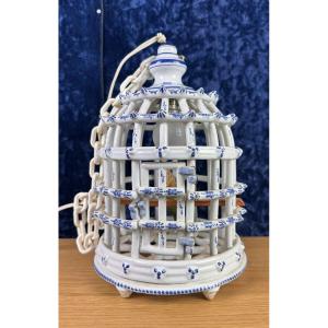 Bird Cage Chandelier In Desvres Earthenware With Blue Decorations On A White Background