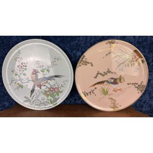 Longwy : grands Plats à tarte en faïence et émaux style japonisant époque Art Déco vers 1920  