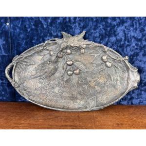 Important Art Nouveau Silver Plated Bronze Bird And Cherry Pocket Tray