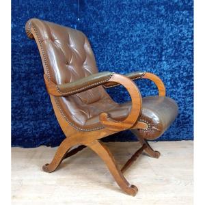  English Relaxing Armchair In Mahogany And Faux Leather, Second Half Of The 20th Century