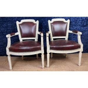 Pair Of Louis XVI Cabriolet Armchairs In Lacquered Wood And Leather Circa 1850