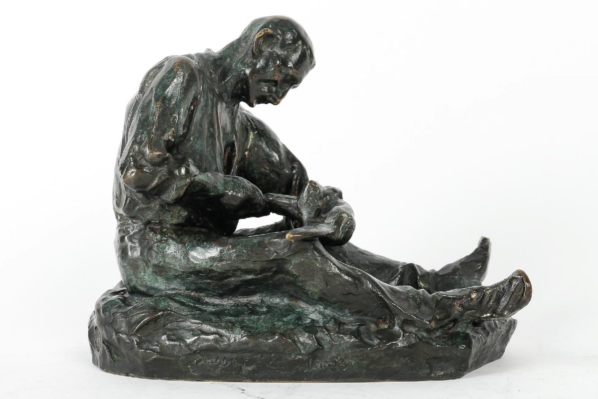 The Harvester Sharpening His Scythe, Bronze Sculpture Signed Dalou