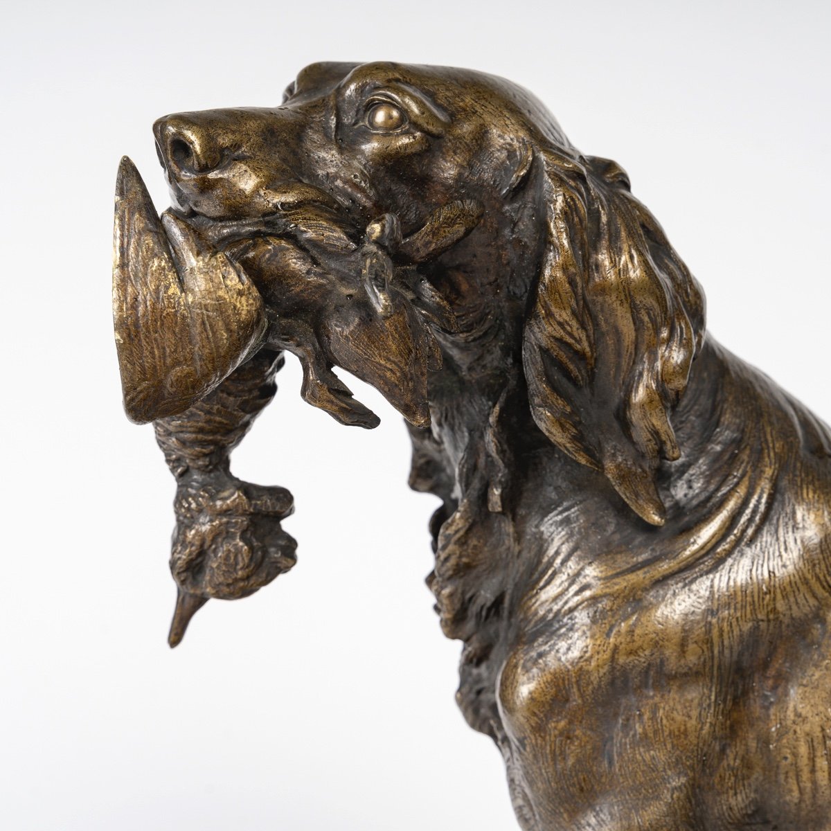 Sculpture En Bronze Signée Pautrot :setter assis tenant un canard-photo-1