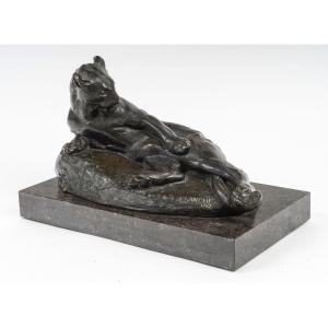 Panthère Couchée, Sculpture En Bronze Signée A. Sanchez 