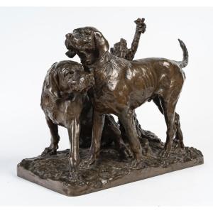 Bronze Sculpture Signed Le Duc Representing Two Seated Braques