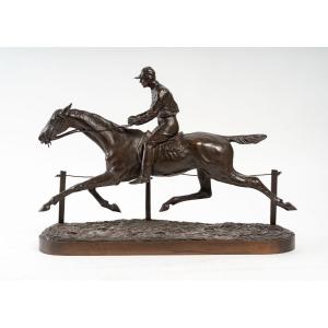 Bronze Sculpture Representing A Trotting Horse And Its Jockey