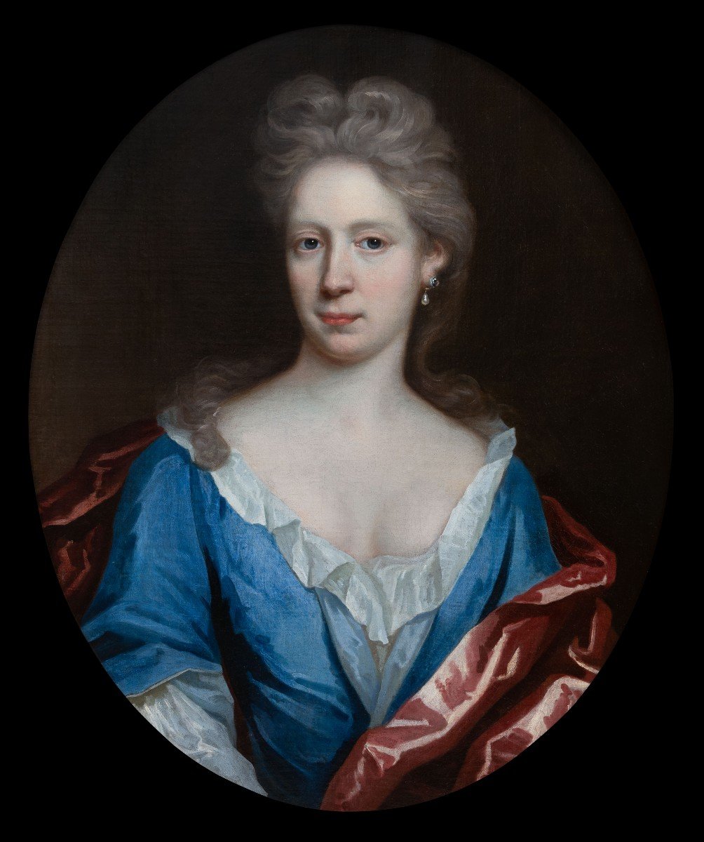 Portrait De Dame En Robe Bleue, Manteau Rouge, Huile Sur Toile, Vers 1695 ; Thomas Murray-photo-1