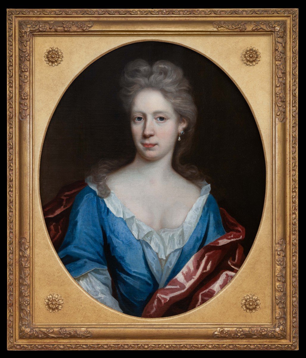 Portrait De Dame En Robe Bleue, Manteau Rouge, Huile Sur Toile, Vers 1695 ; Thomas Murray