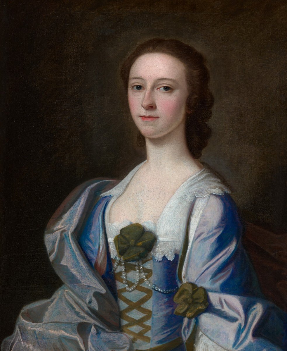 Portrait Of A Lady In A Blue And Pink Silk Dress, Possibly Mrs Rowe, Signed & Dated 1752-photo-3