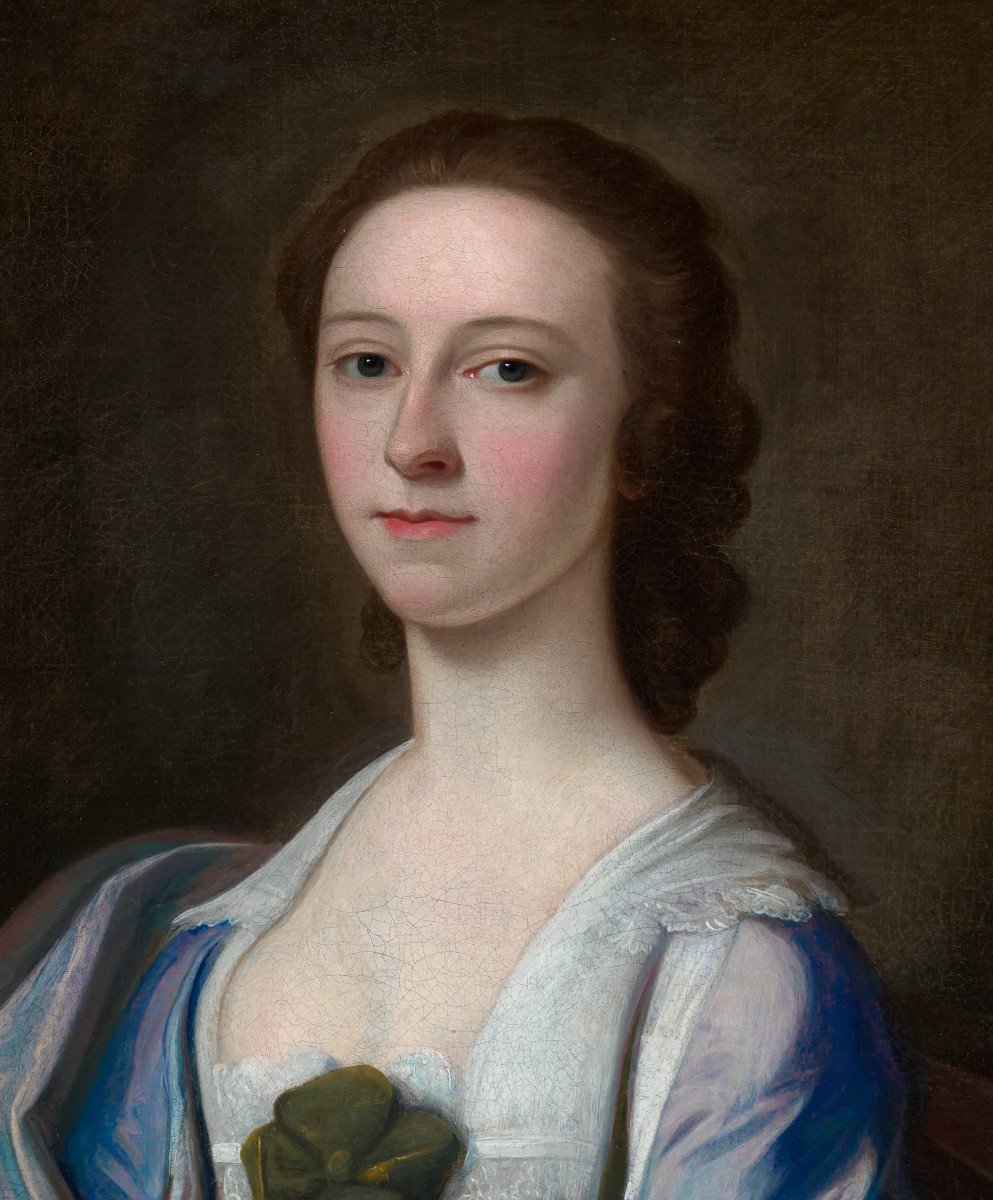 Portrait Of A Lady In A Blue And Pink Silk Dress, Possibly Mrs Rowe, Signed & Dated 1752-photo-3