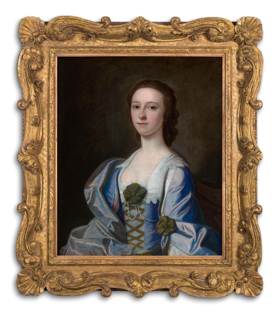 Portrait Of A Lady In A Blue And Pink Silk Dress, Possibly Mrs Rowe, Signed & Dated 1752