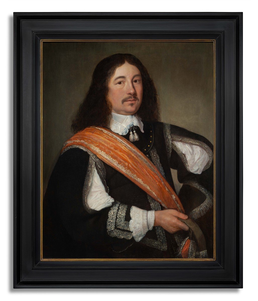 Portrait Of A Gentleman In Black Attire & Orange Sash C.1650, Dutch Old Master, Oil On Panel-photo-3