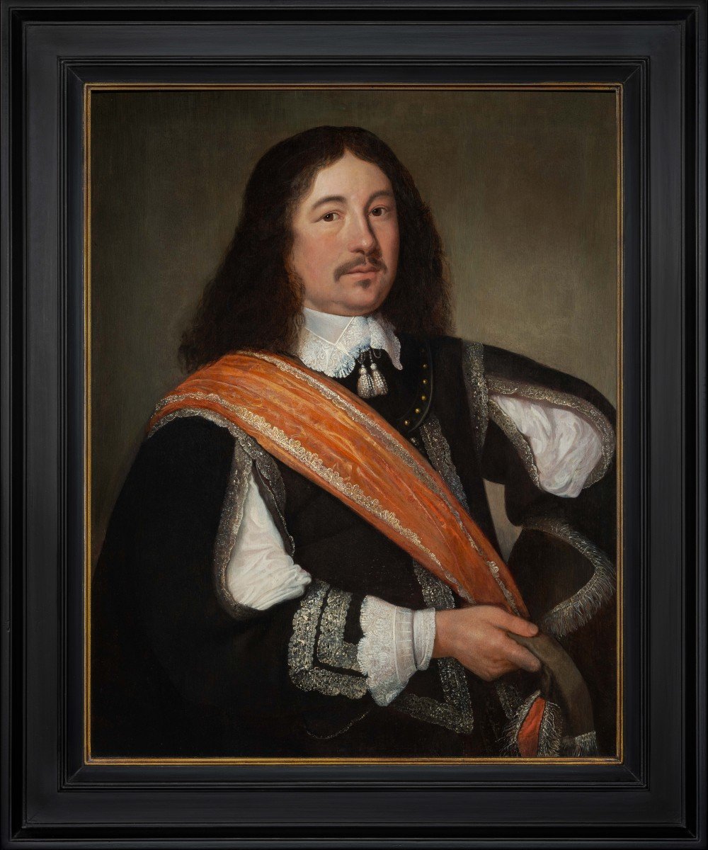 Portrait De Gentleman Manteau Noir Et Ceinture Orange Vers 1650, Huile Hollandaise Sur Panneau