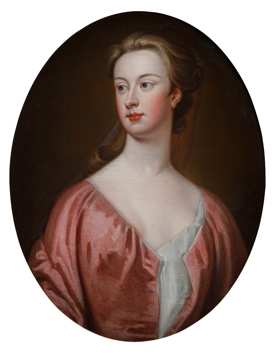 Portrait d'Une Dame élégante En Robe De Soie Rouge Vers 1720, Cadre Doré, Huile Sur Toile-photo-3